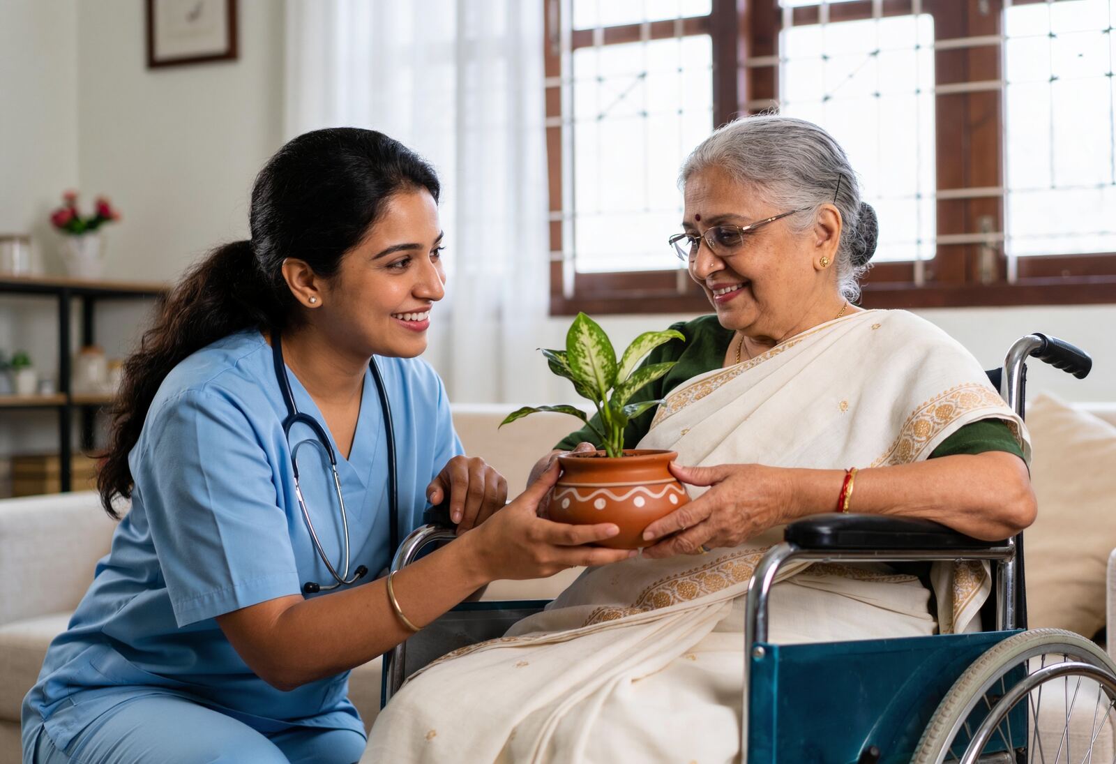 A home nurse checking an elderly man's blood pressure in his living room