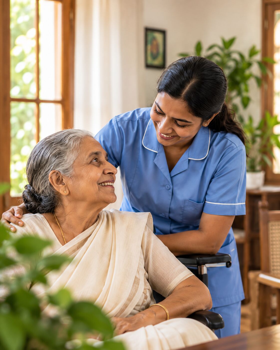 Home nurse assisting an elderly woman in a Kerala home.