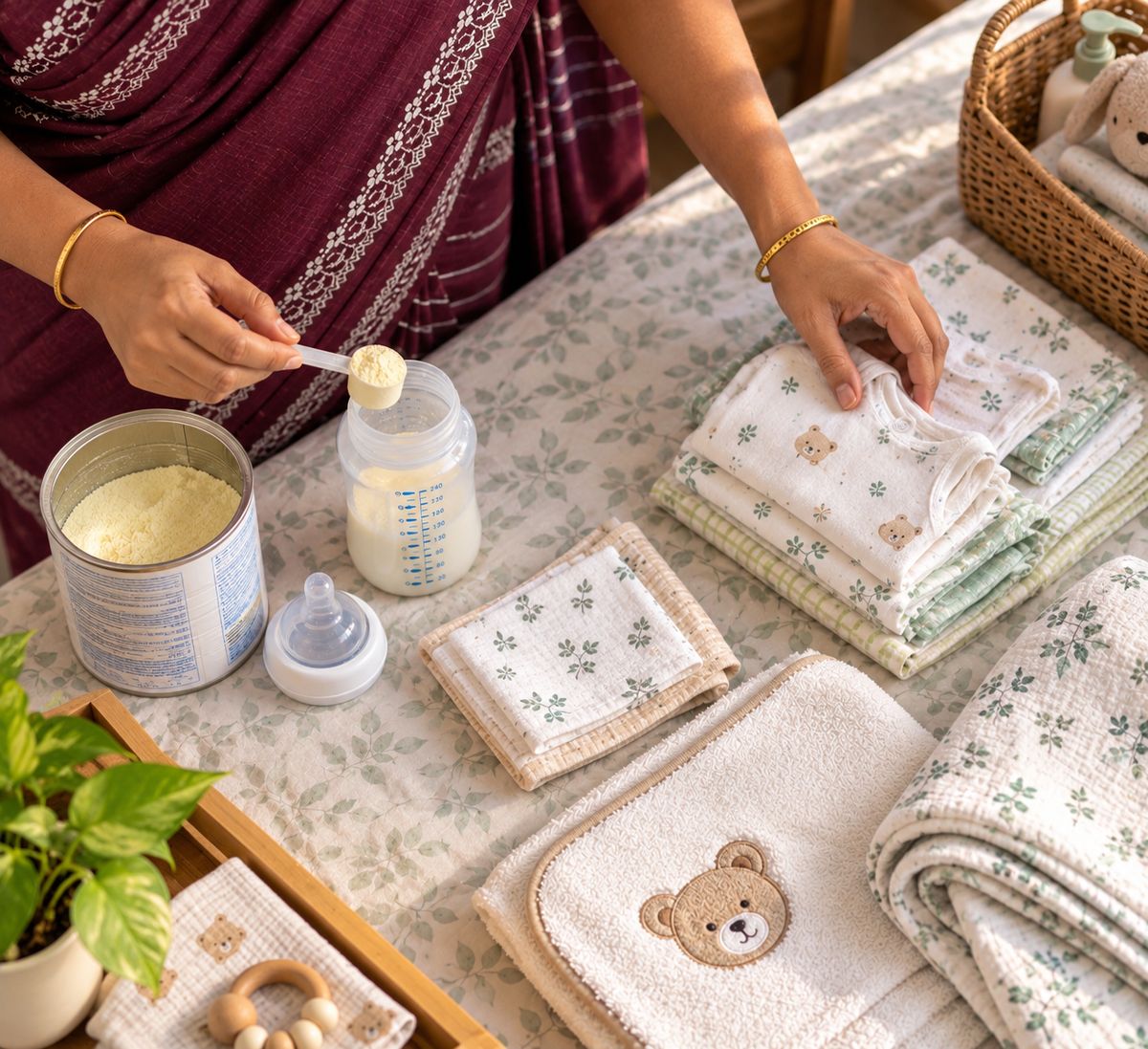 A nanny preparing a feeding bottle beside folded baby clothes