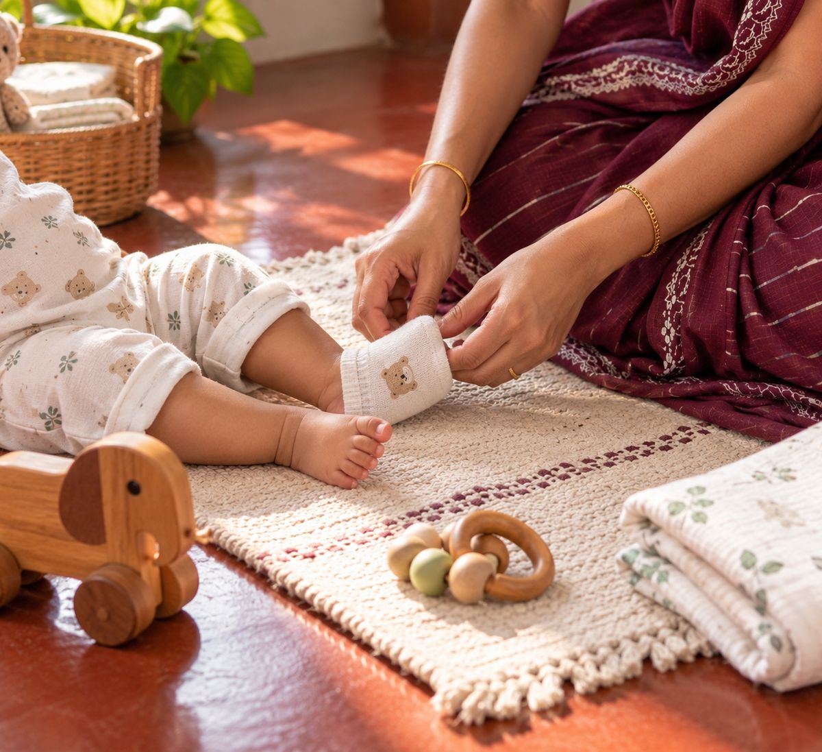 A nanny putting socks on a baby’s feet