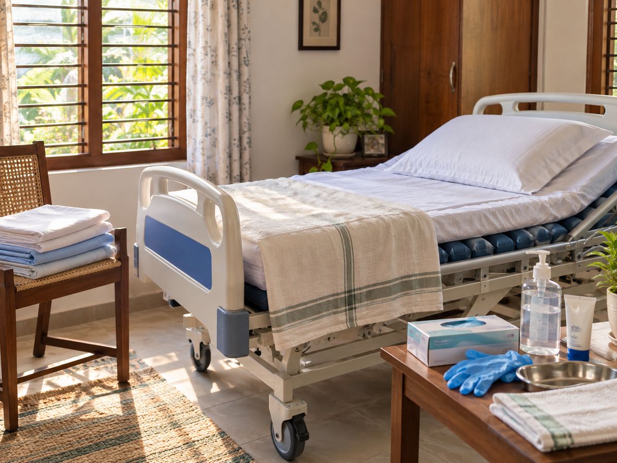 An adjustable patient cot with an air mattress and care supplies at home
