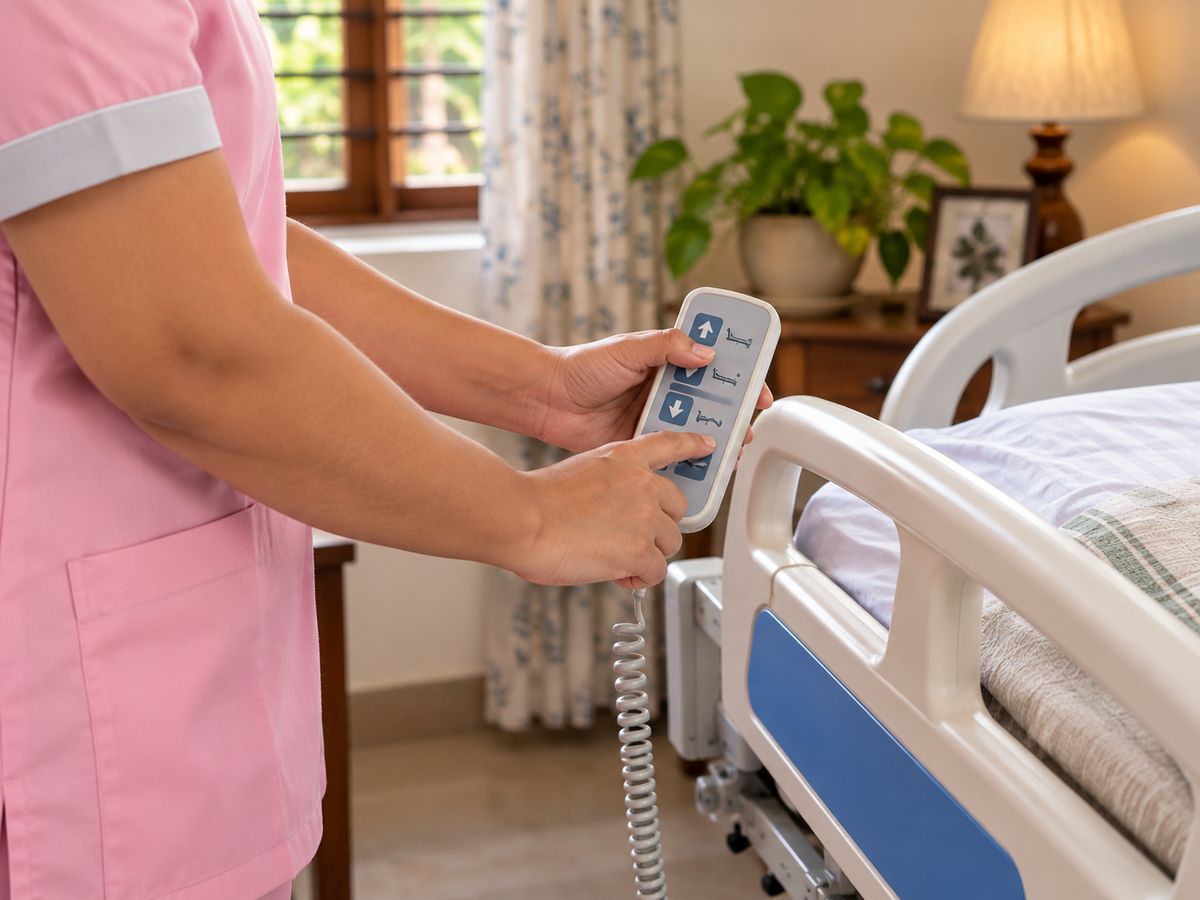 A carer adjusting a patient bed with its hand control
