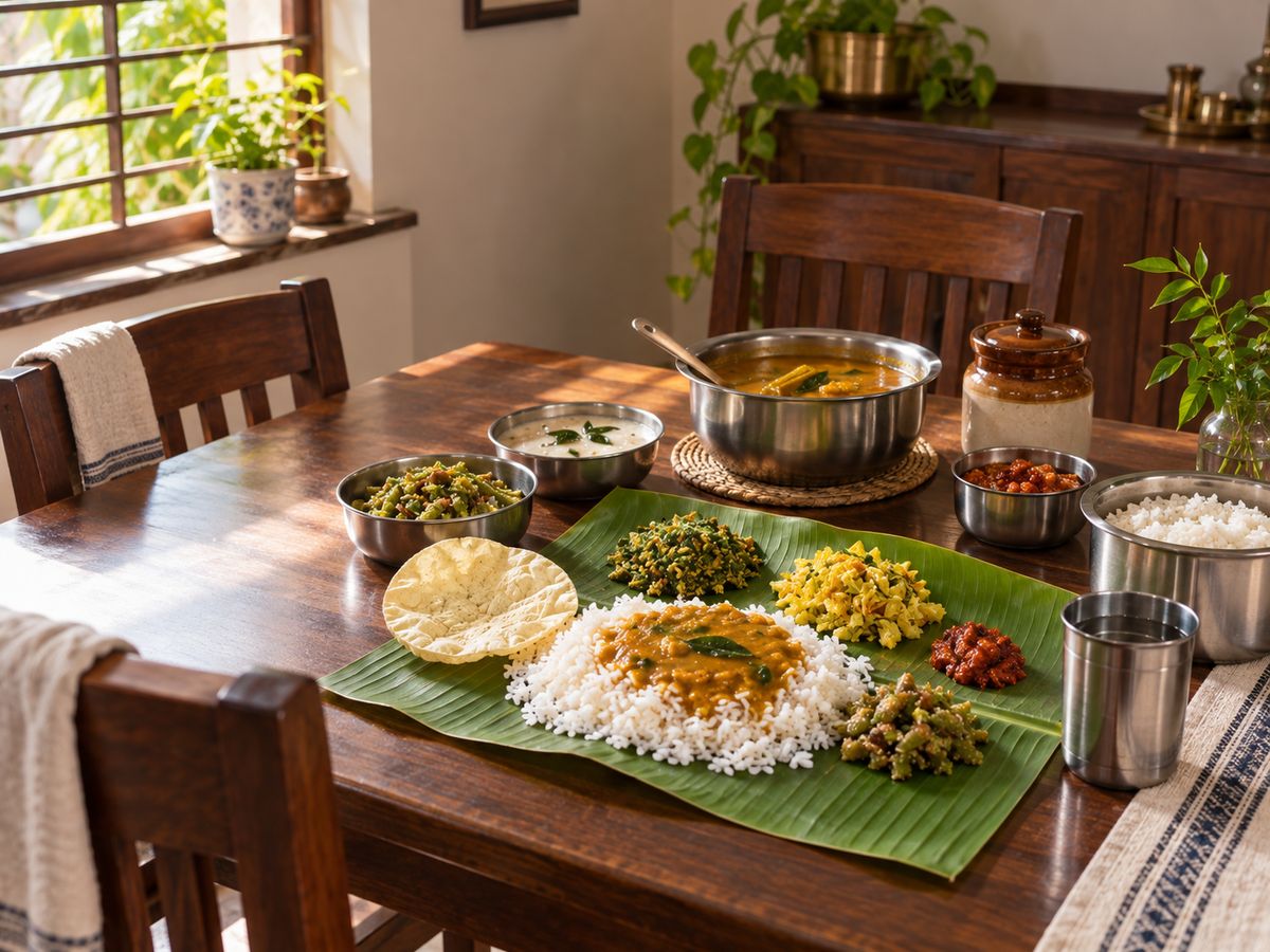 A Kerala meal served on a banana leaf at the dining table