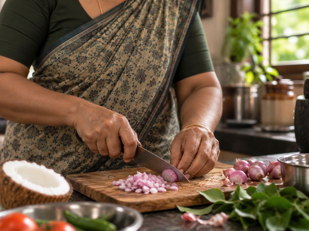 A cook chopping shallots on a wooden board
