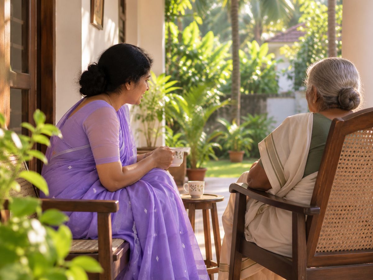 A carer sitting and talking with an elderly woman on a Kerala verandah