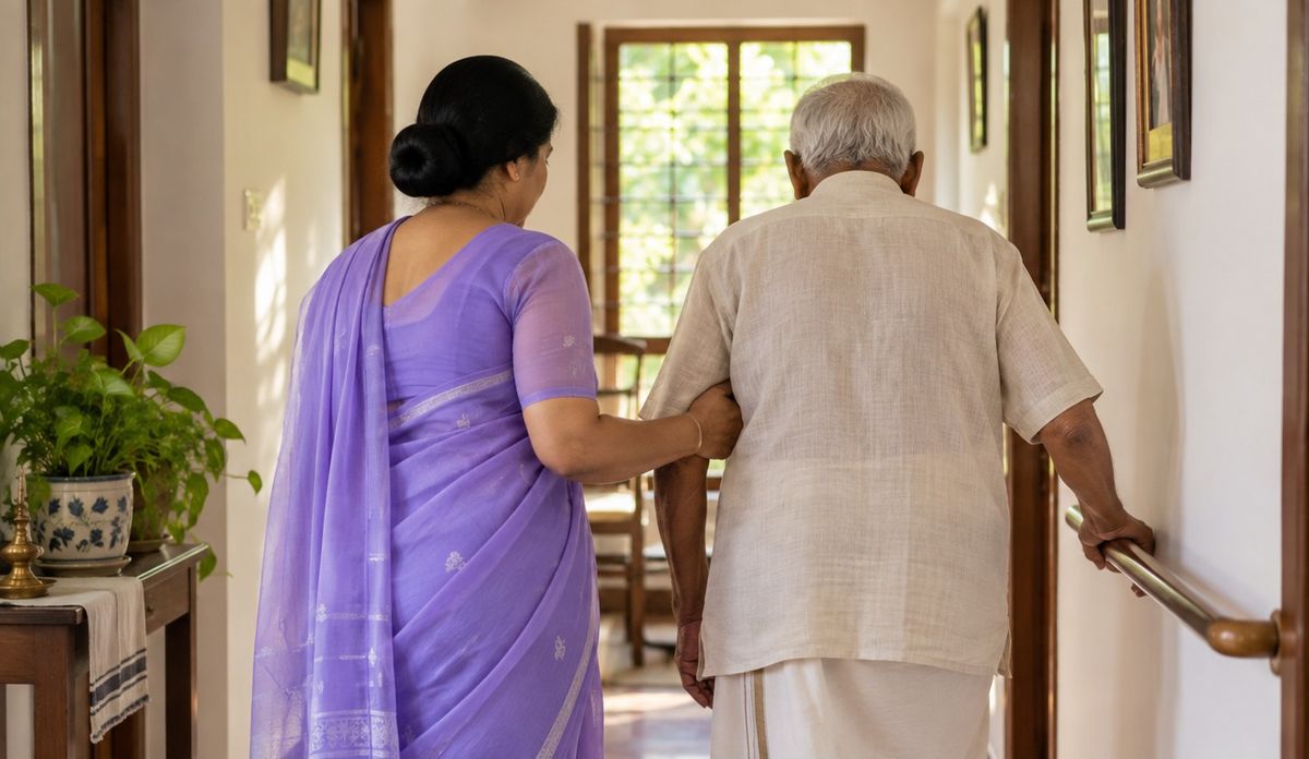 A carer walking beside an elderly man as he holds a handrail