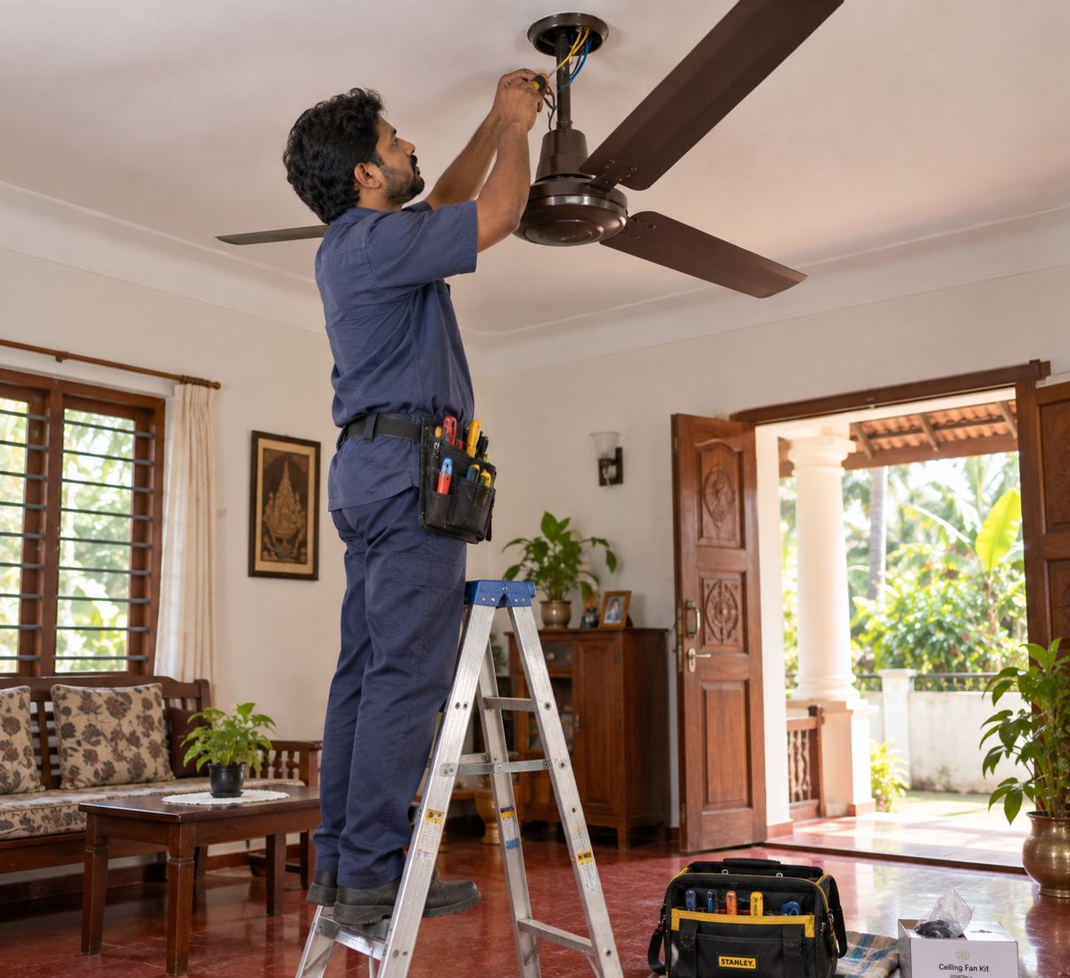 An electrician on a ladder installing a ceiling fan