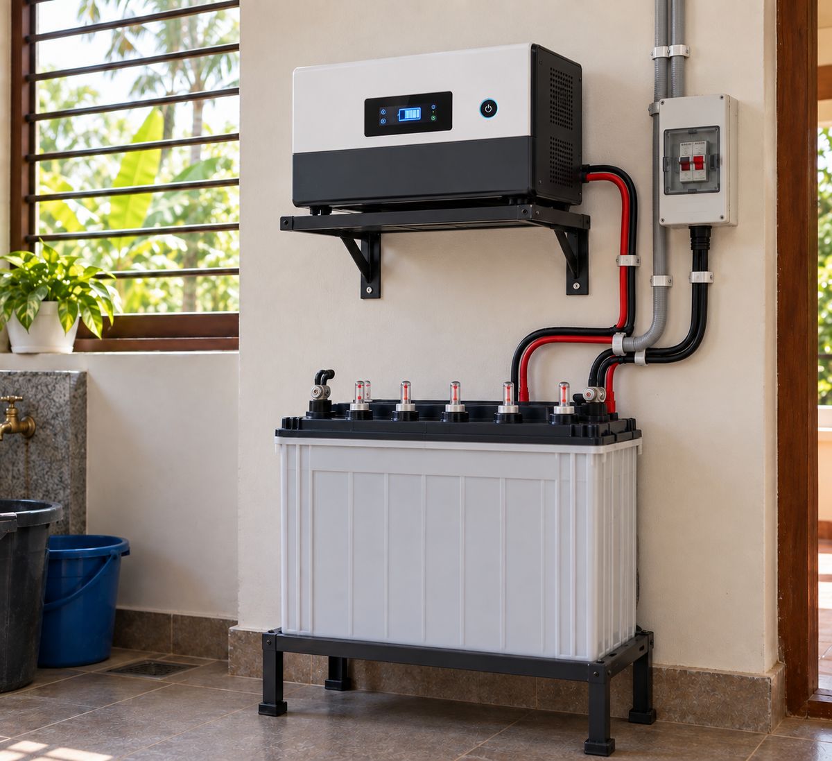 An inverter and battery installed on a wall at home