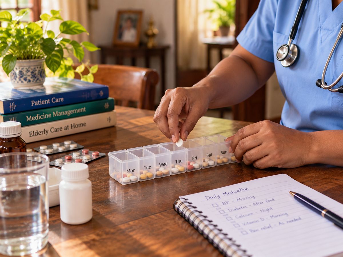 A nurse sorting tablets into a weekly pill organiser