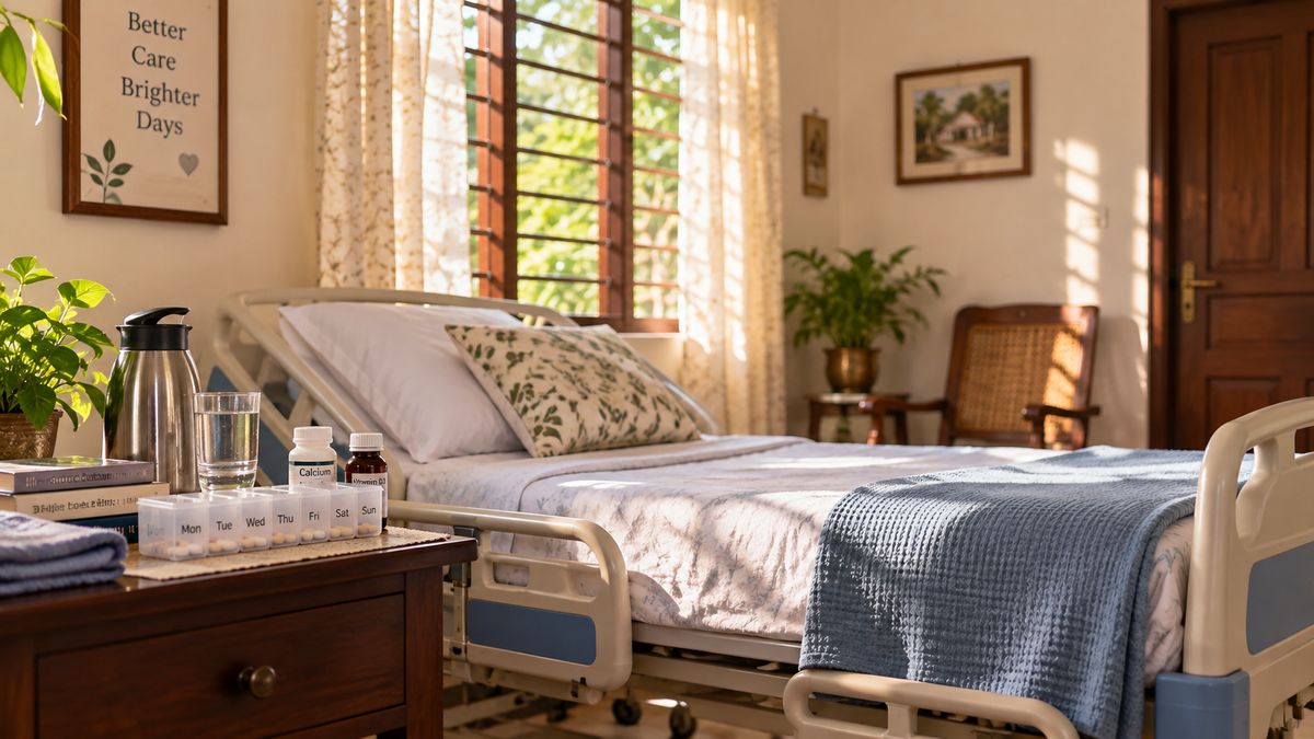 A home bedroom set up with an adjustable patient bed