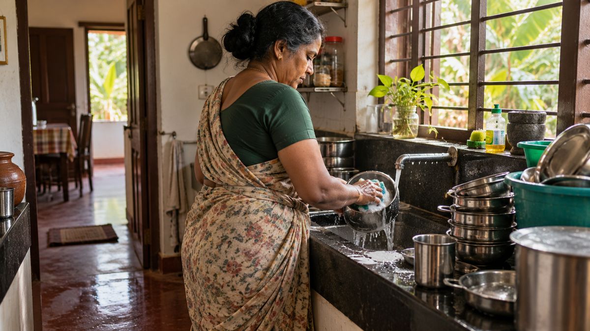 A house maid washing vessels at the sink in a Kerala home kitchen
