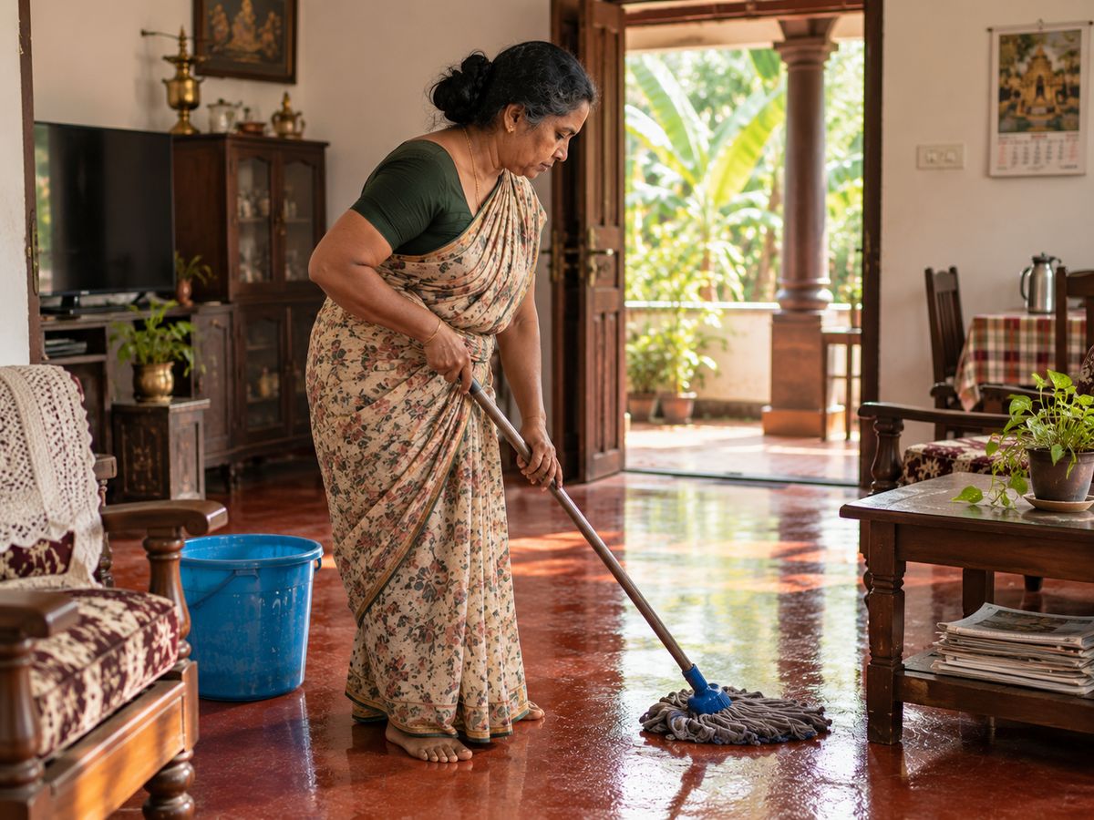 A house maid mopping the floor of a Kerala living room
