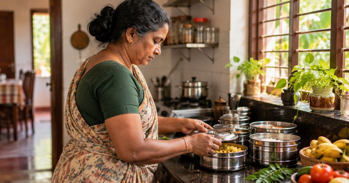 A house maid preparing a meal in a Kerala kitchen
