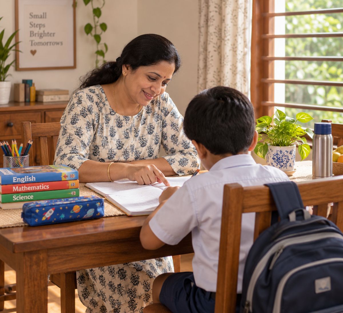 A carer helping a school-age boy with his homework at the dining table