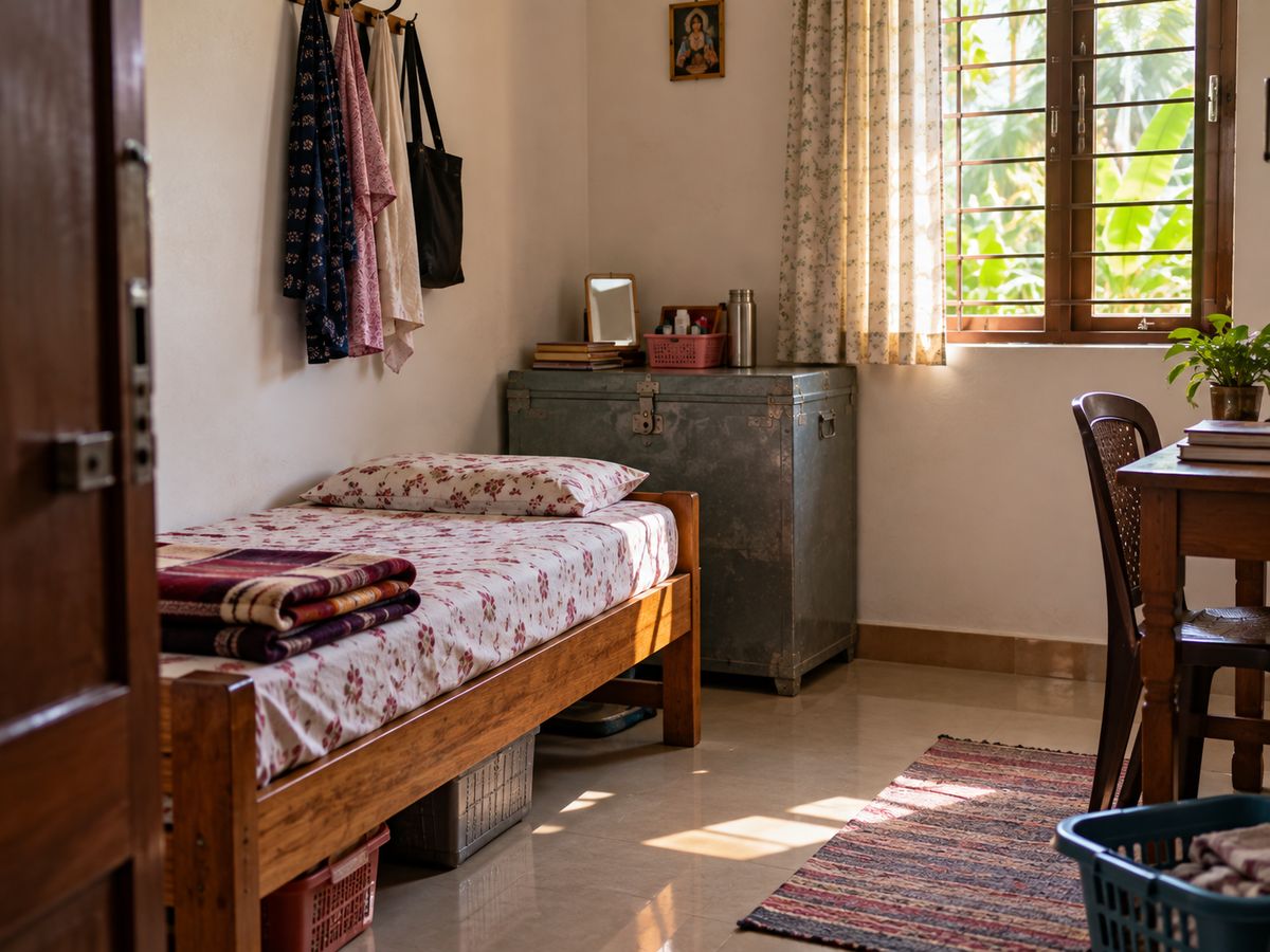 A simple private room with a bed and storage for a live-in maid
