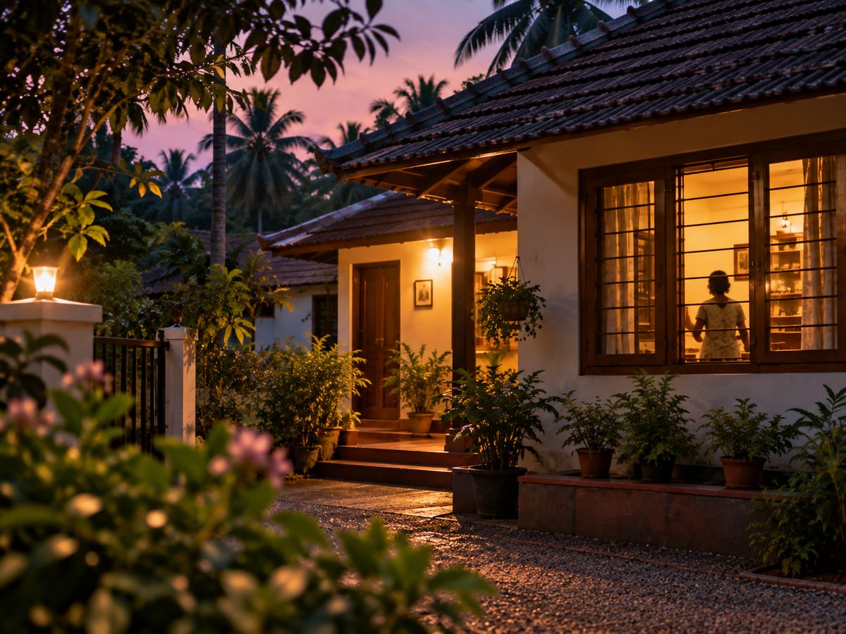 A lit Kerala home at dusk with someone working inside