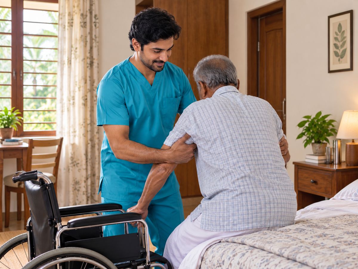 A male nurse helping an elderly man stand up from his bed