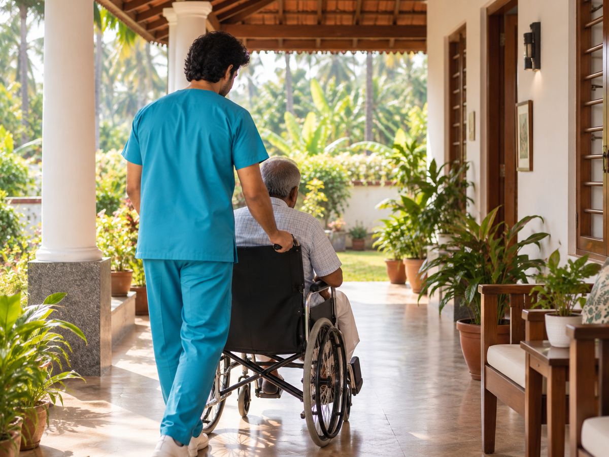 A male nurse wheeling an elderly man along a verandah