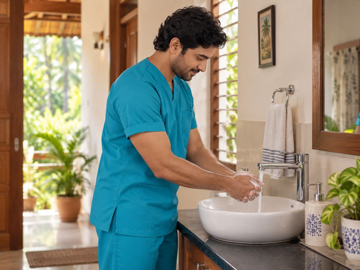 A male nurse washing his hands before care
