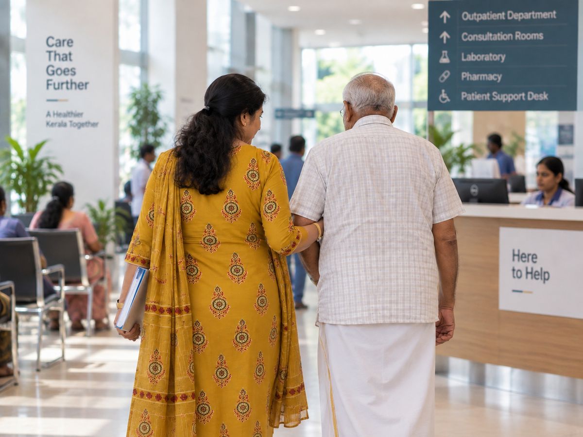 An escort walking an elderly man to the outpatient reception of a Kochi hospital