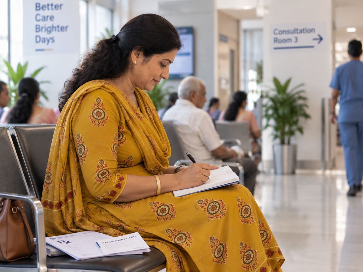 An escort noting down the doctor’s instructions in a hospital waiting area