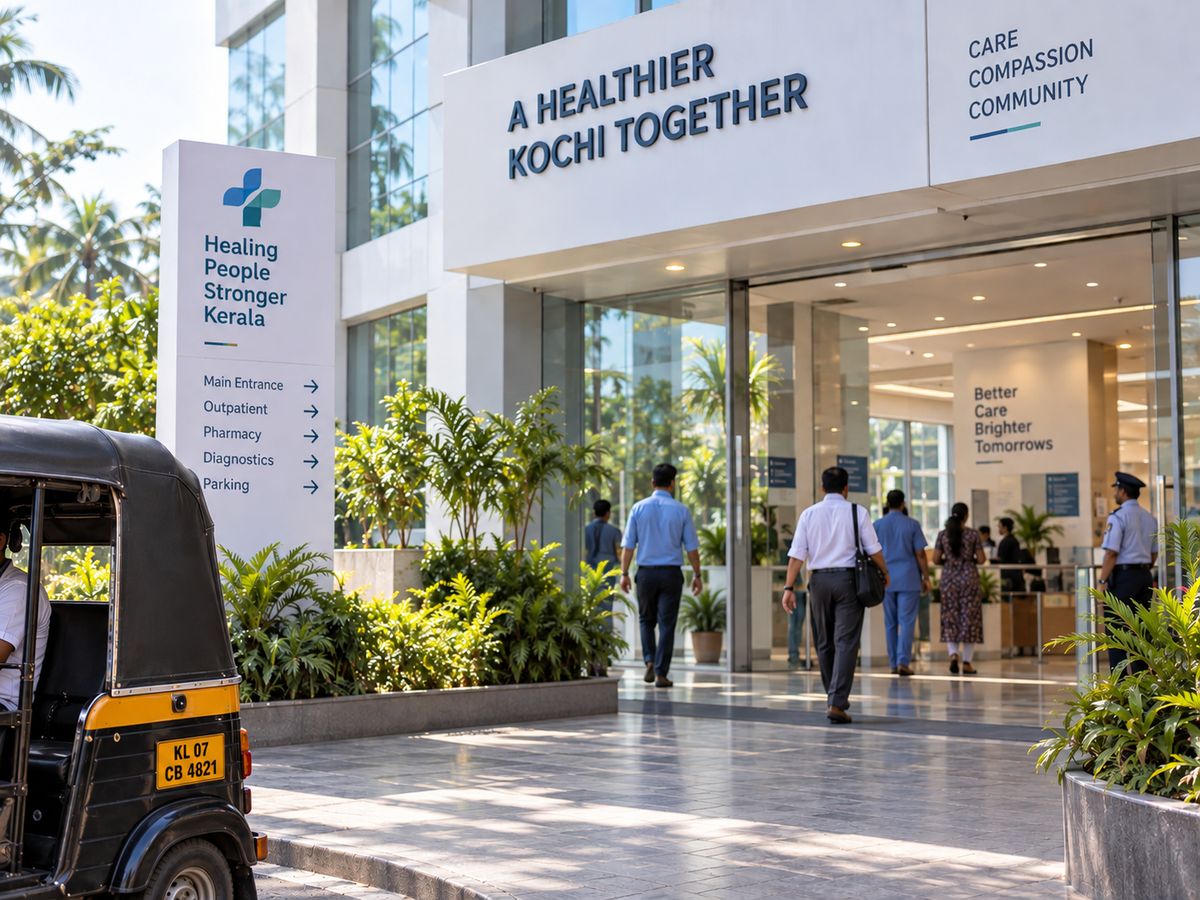 The entrance of a hospital in Kochi with an autorickshaw outside