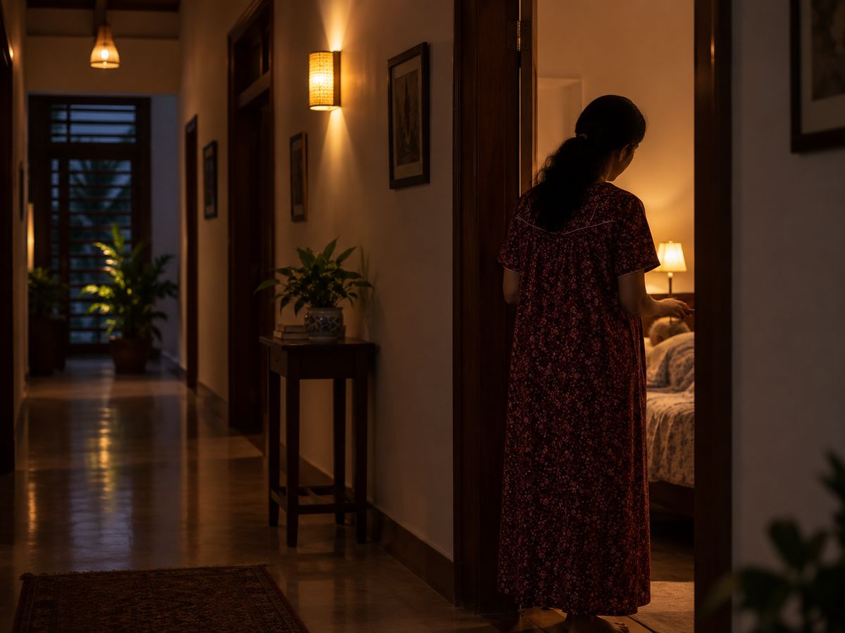 A carer checking on a room from a dim hallway at night