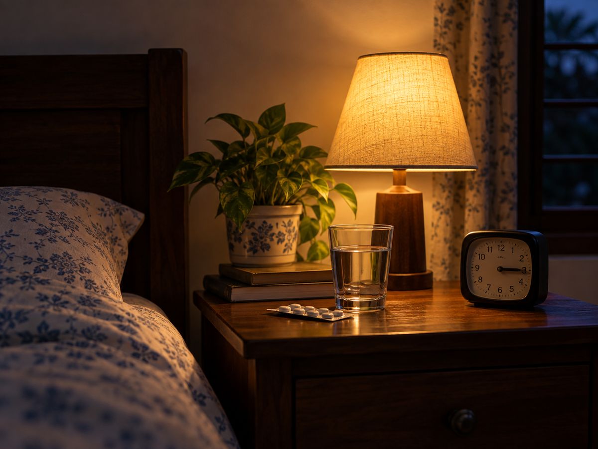 A bedside lamp, clock and glass of water at night