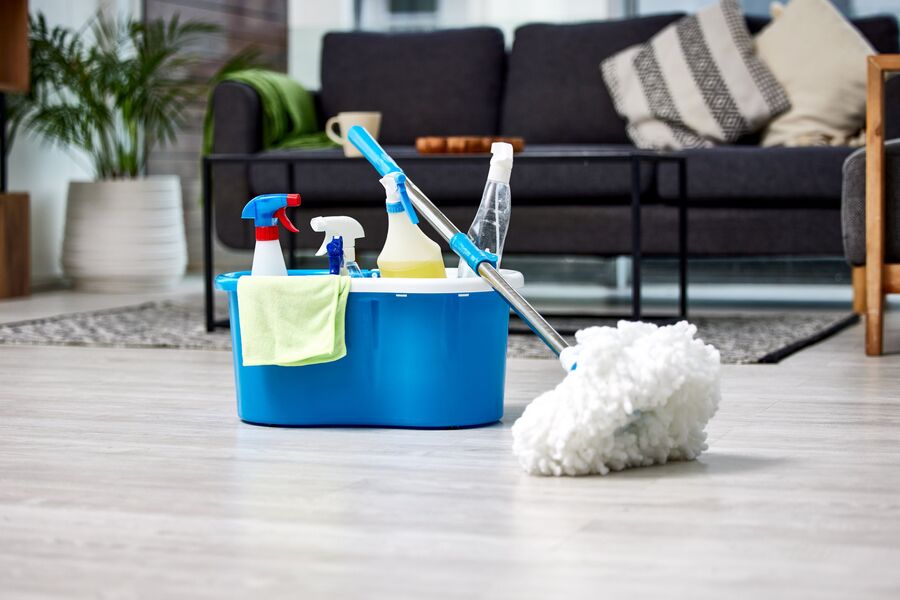 Cleaning supplies ready for housework in a living room