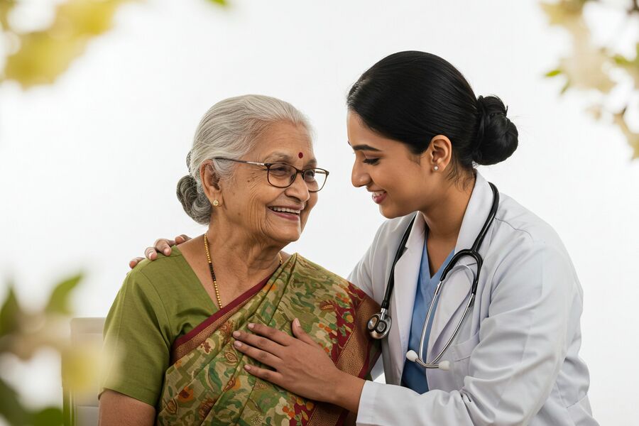A nurse with her arm around a smiling elderly woman