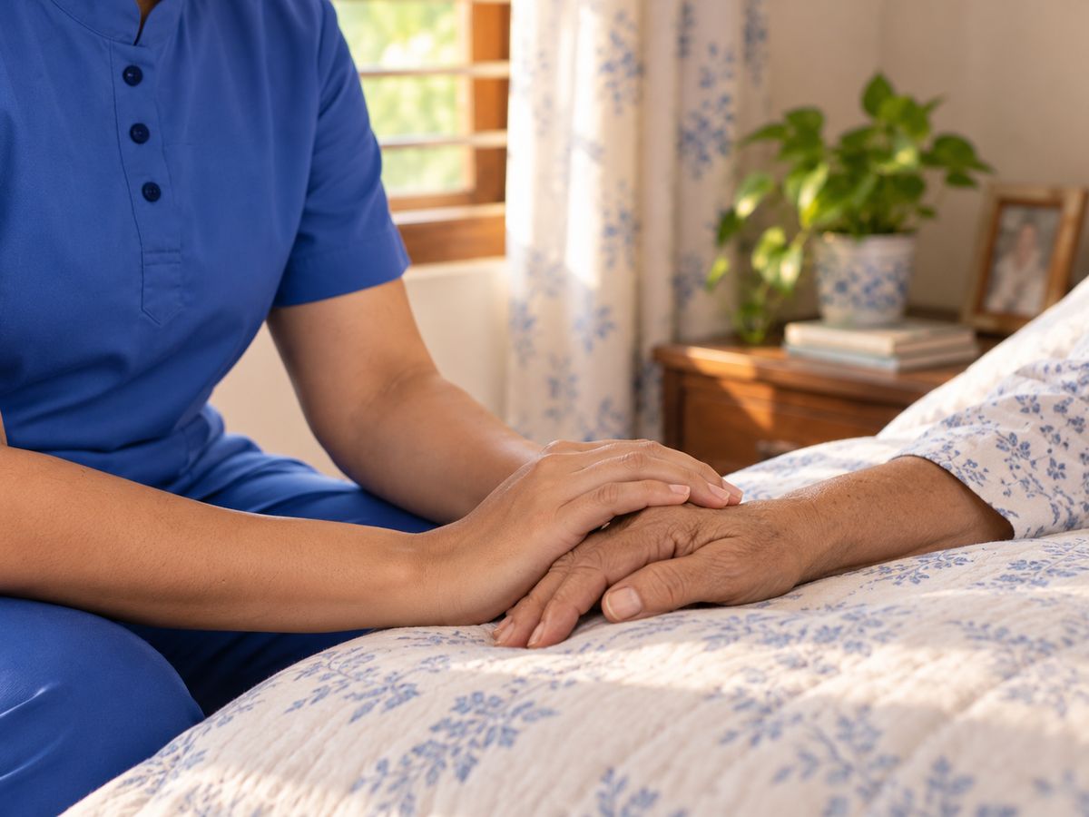 A carer holding a patient’s hand