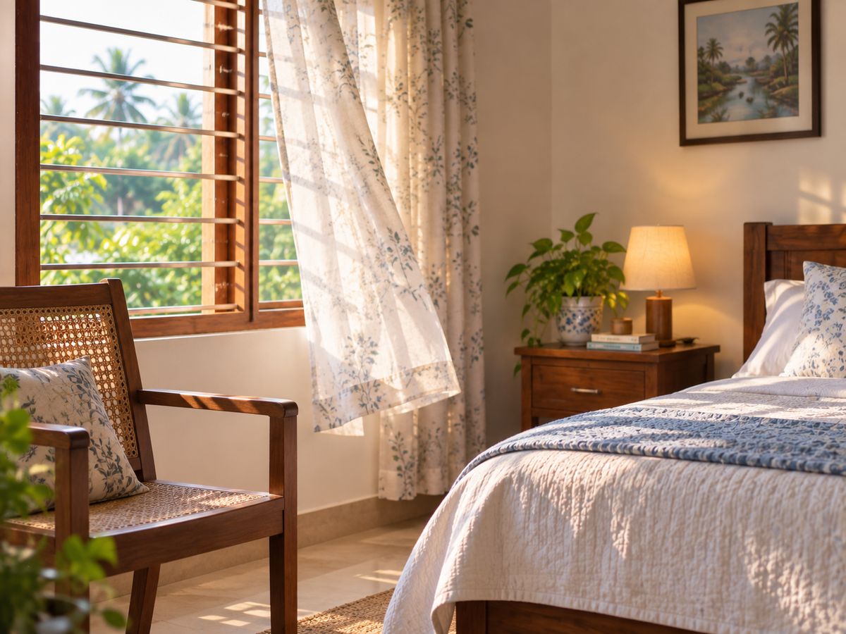 A quiet, sunlit bedroom with a chair beside the bed