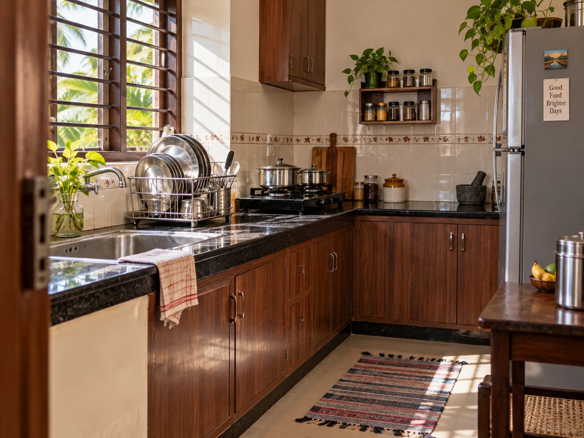 A clean, tidy kitchen after the morning work is done