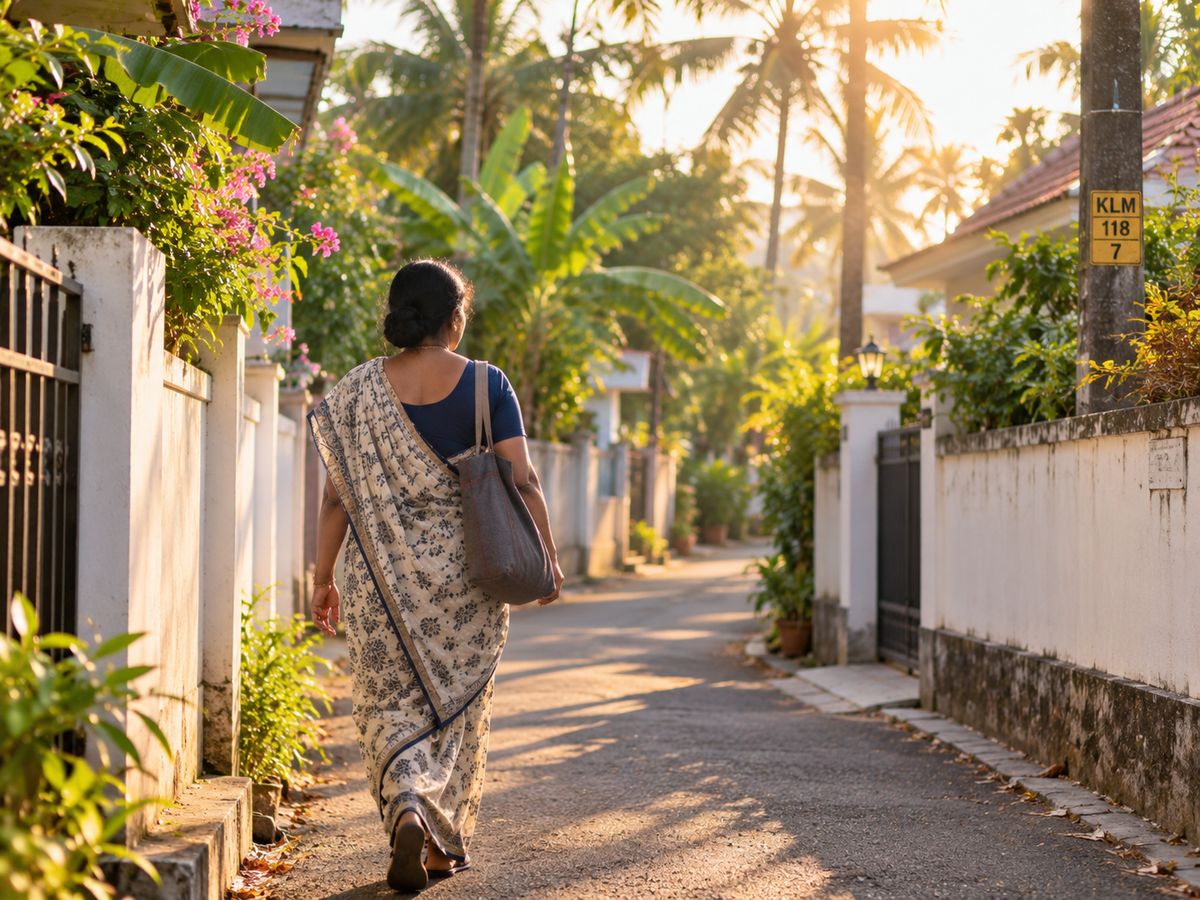 A maid walking down a Kerala street to her next house