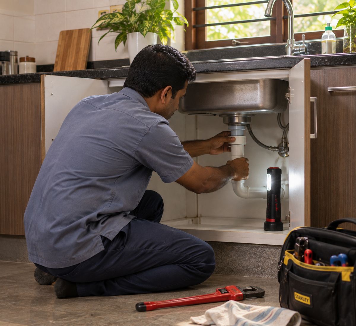 A plumber fixing the pipes under a kitchen sink