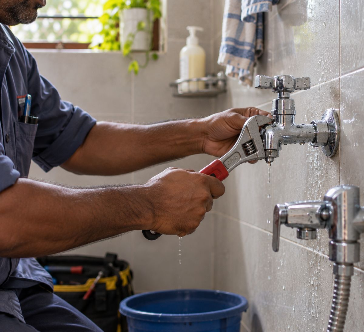 A plumber tightening a leaking wall tap with a wrench