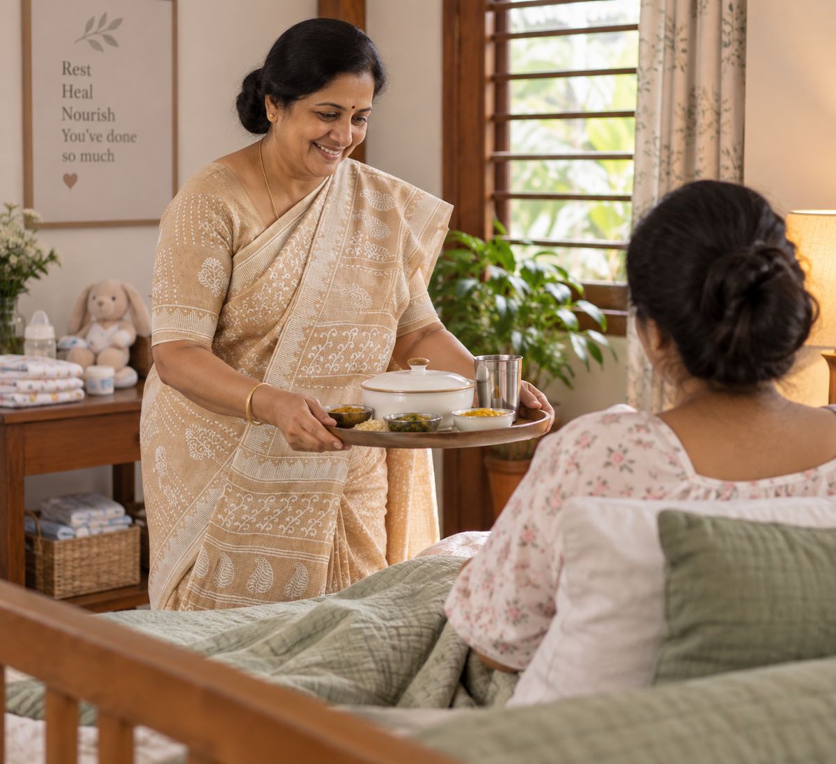 A carer bringing a meal to a new mother resting in bed