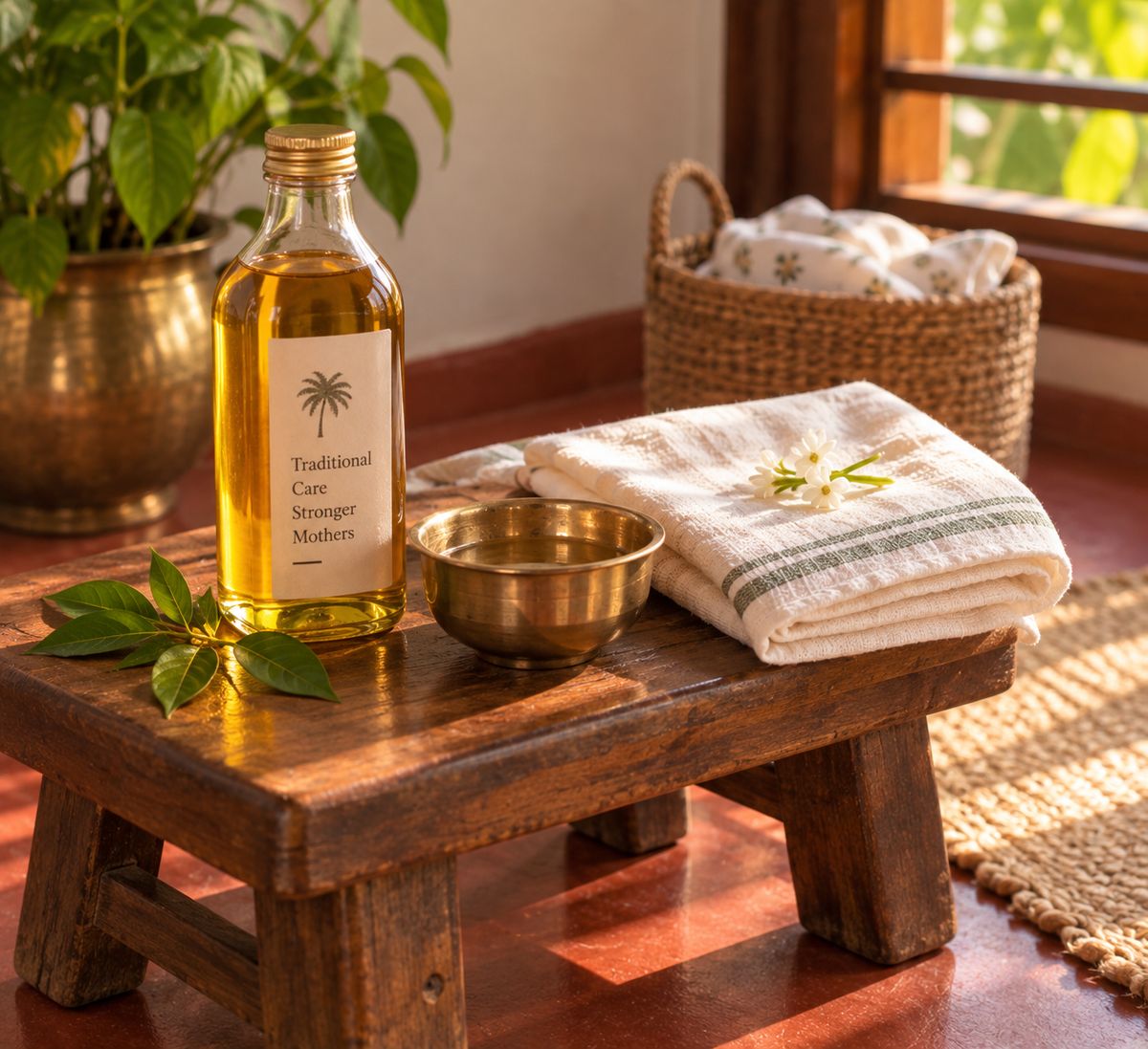 A bottle of oil, a brass bowl and folded towels on a wooden stool