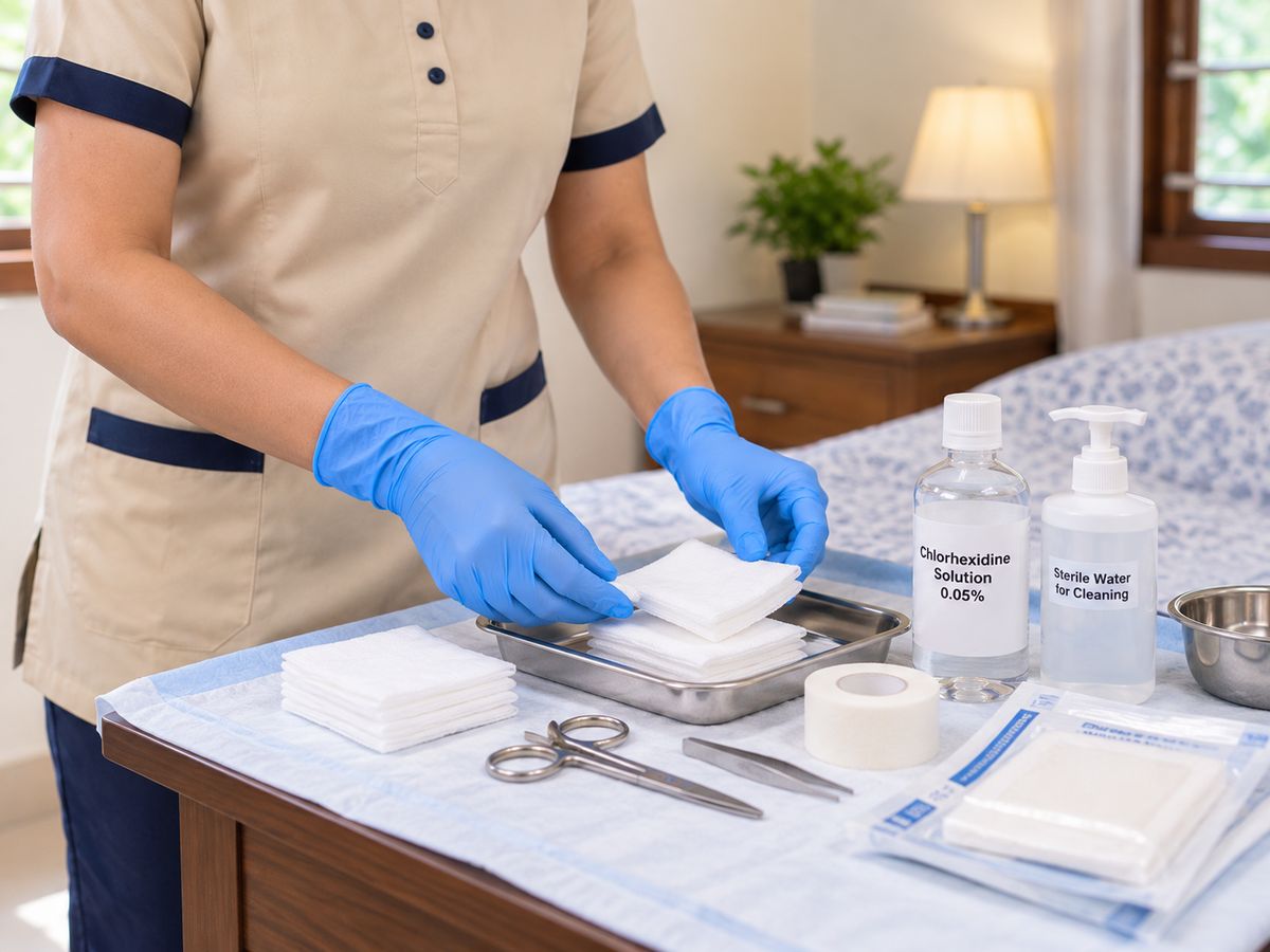 A nurse in gloves laying out a sterile dressing tray