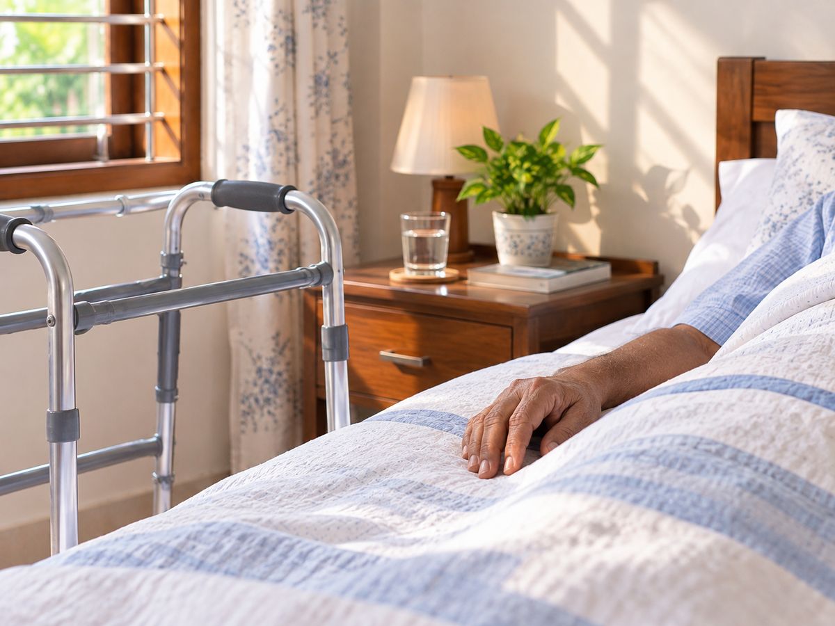A walking frame beside the bed of a patient recovering at home
